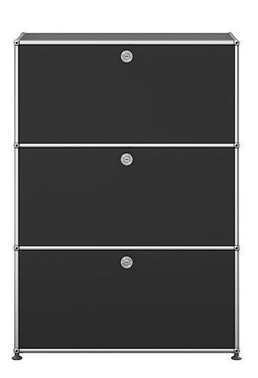 USM Haller Highboard in Graphitschwarz mit drei Schubladen und verchromtem Gestell für stilvolle Büroeinrichtung.
